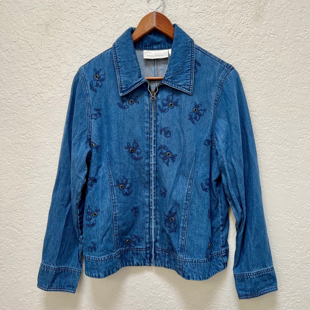 Susan Bristol Womens Medium Blue Denim Embroidered Floral Zip Up Jacket Tencel